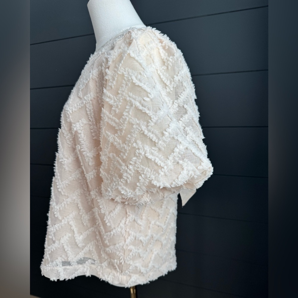 In February Crew Neck Bubble Sleeve Cream Texture Top Sz M Romantic Boho Coastal - Picture 3 of 11